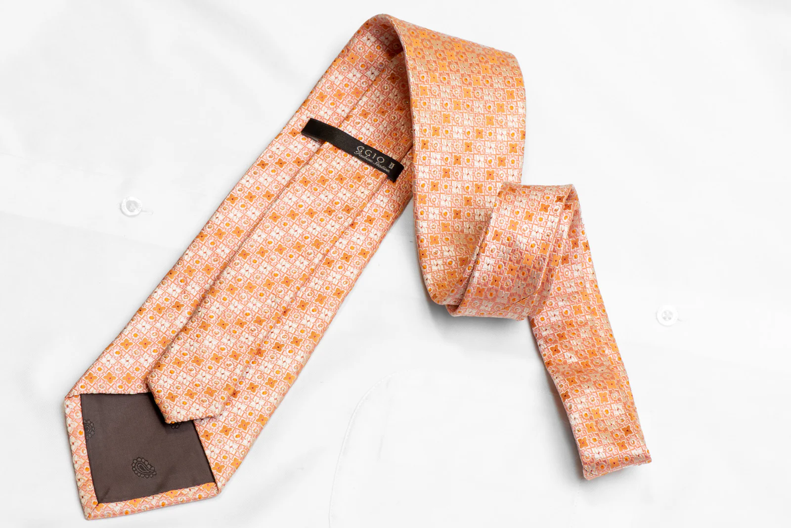 Peach Orange Foulard Men's Silk Necktie With Silver Purple Sparkles - Image 4