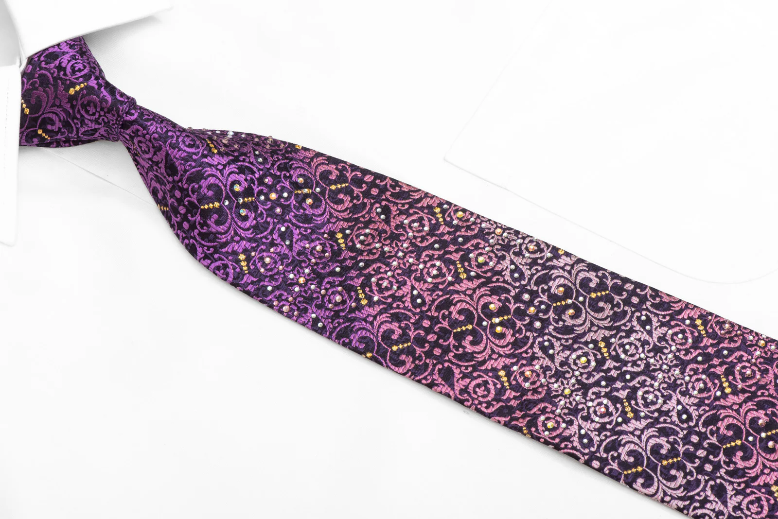 Purple Damask On Navy Blue Rhinestone Tie With Gold Sparkles - Image 2