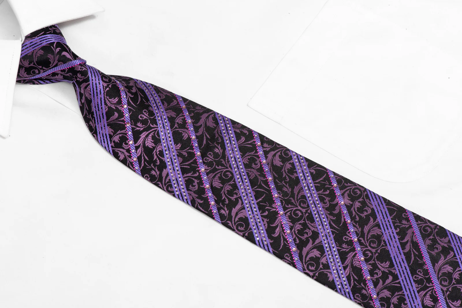 Purple Striped & Cartouche On Black Rhinestone Necktie With Sparkles - Image 2