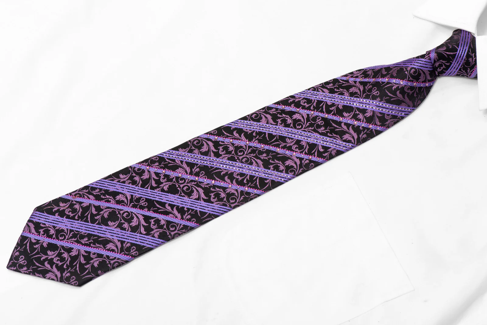 Purple Striped & Cartouche On Black Rhinestone Necktie With Sparkles - Image 3