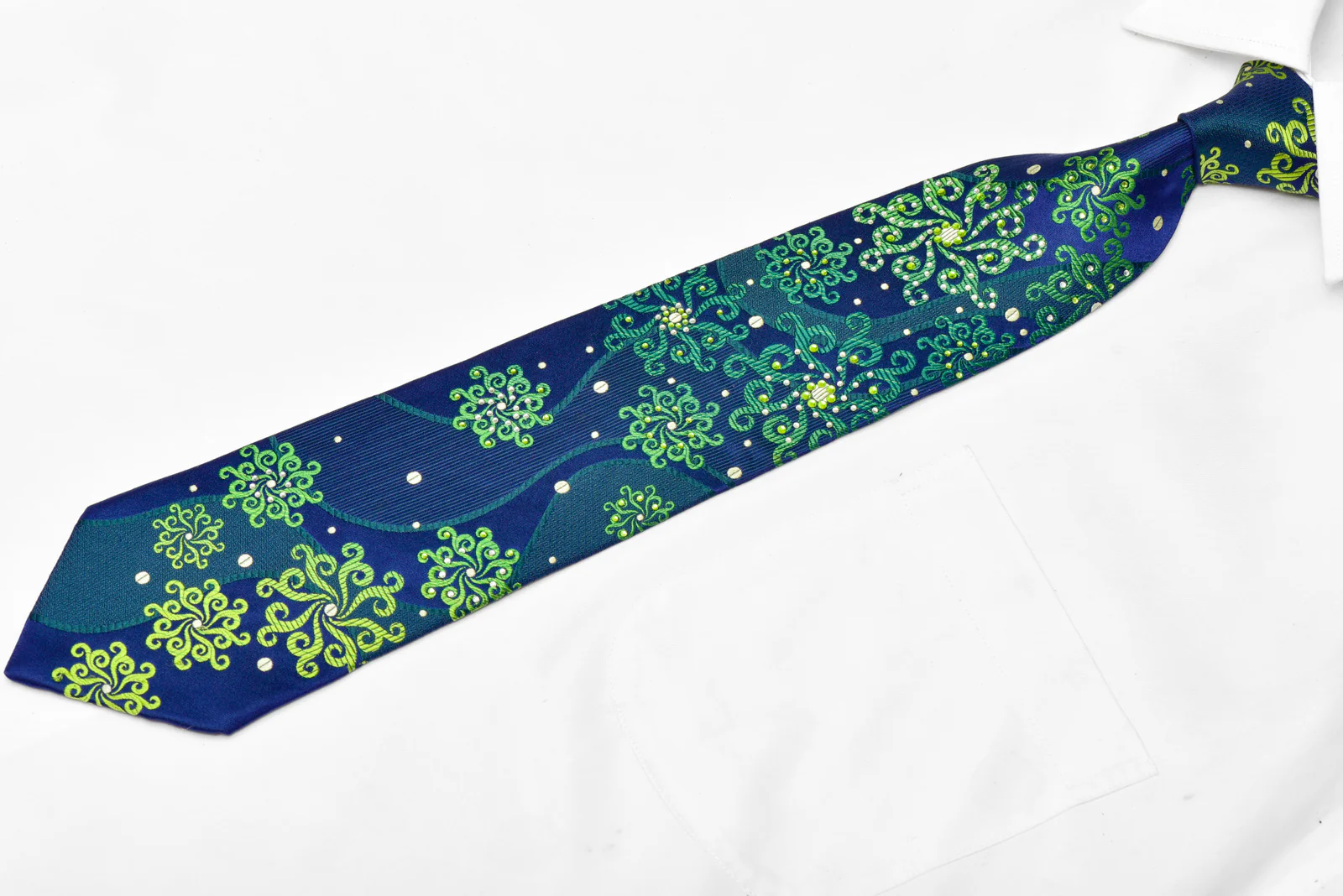Green Scrolls on Navy Blue Rhinestone Silk Tie - Image 2