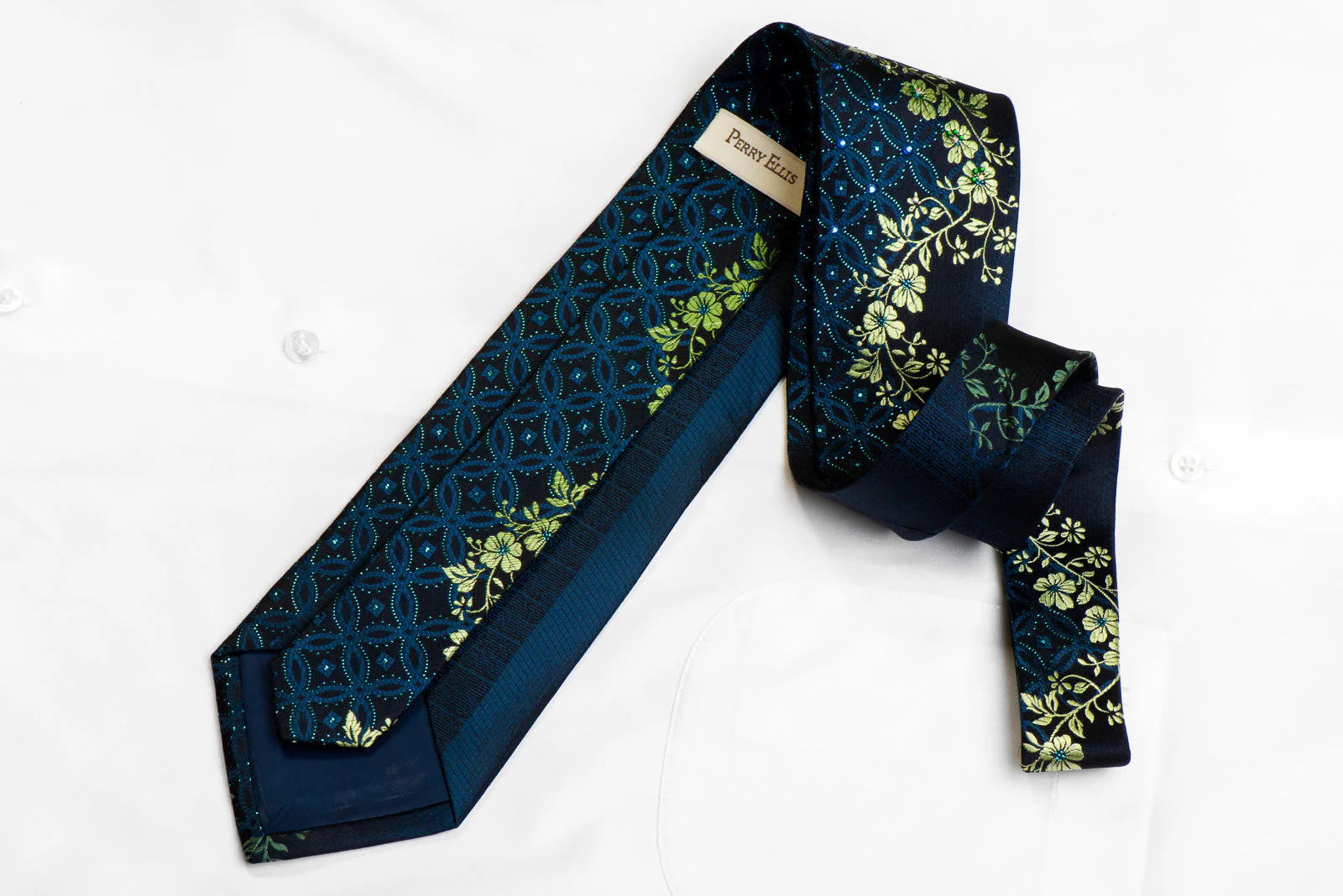 Perry Ellis Crystal Rhinestone Tie Green Floral & Geometric On Navy With Sparkles - Image 5