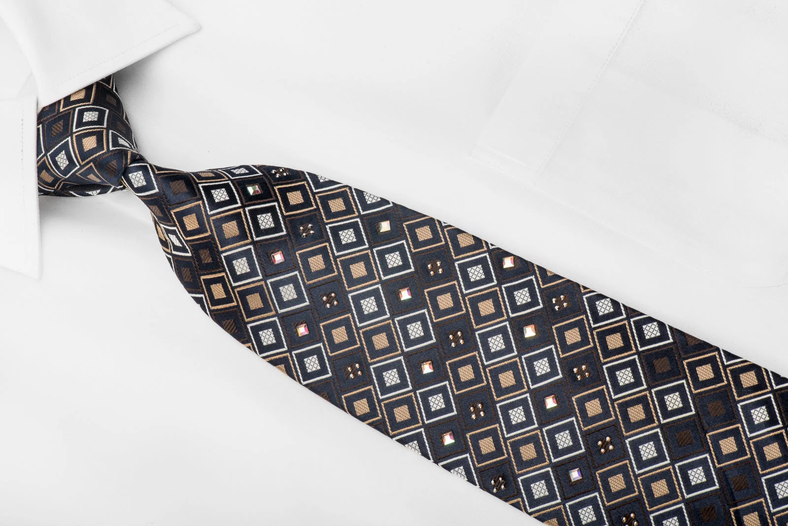 Perry Ellis Men's Crystal Rhinestone Necktie Brown Beige Geometric Checker On Navy Silk - Image 2