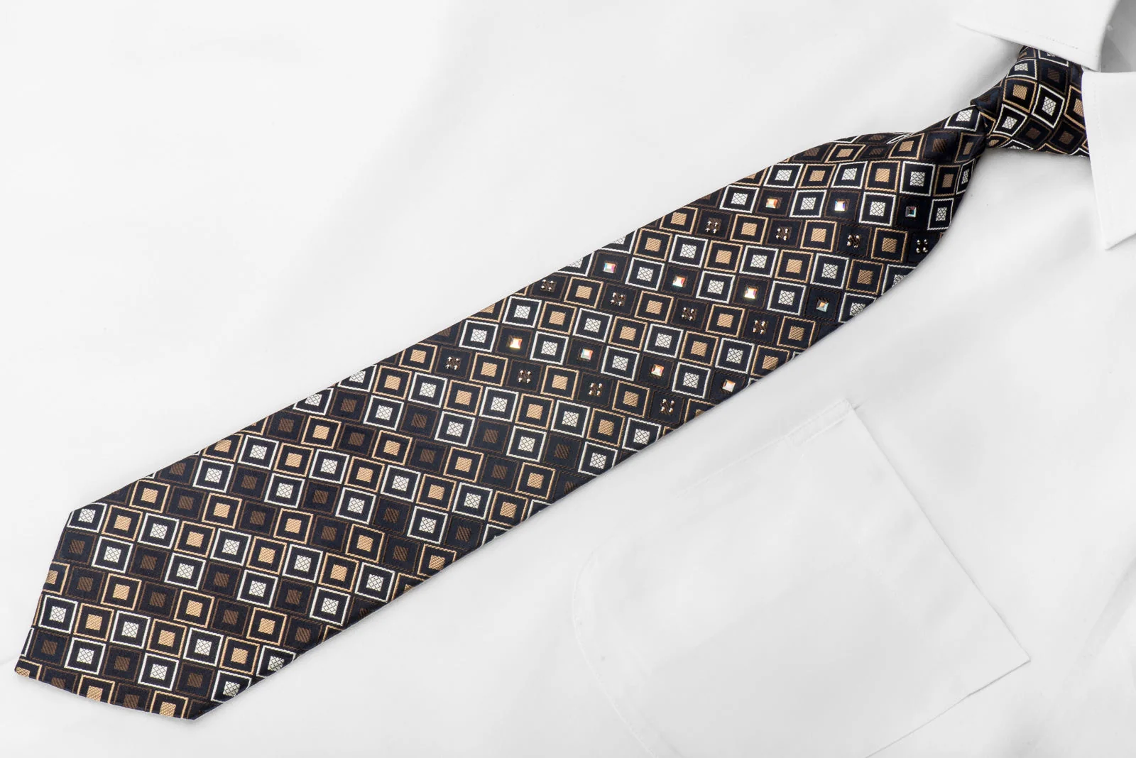 Perry Ellis Men's Crystal Rhinestone Necktie Brown Beige Geometric Checker On Navy Silk - Image 3