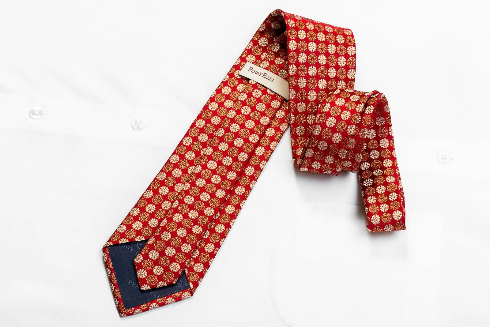 Perry Ellis Men's Crystal Rhinestone Necktie Gold Quatrefoil On Red With Sparkles - Image 4