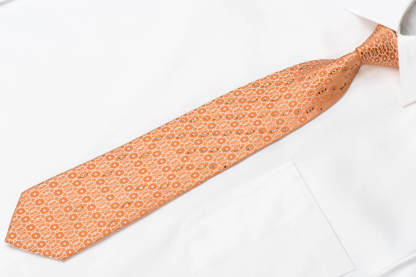 Perry Ellis Men's Crystal Silk Necktie Interlocking Geometric On Orange With Silver Sparkles - Image 2