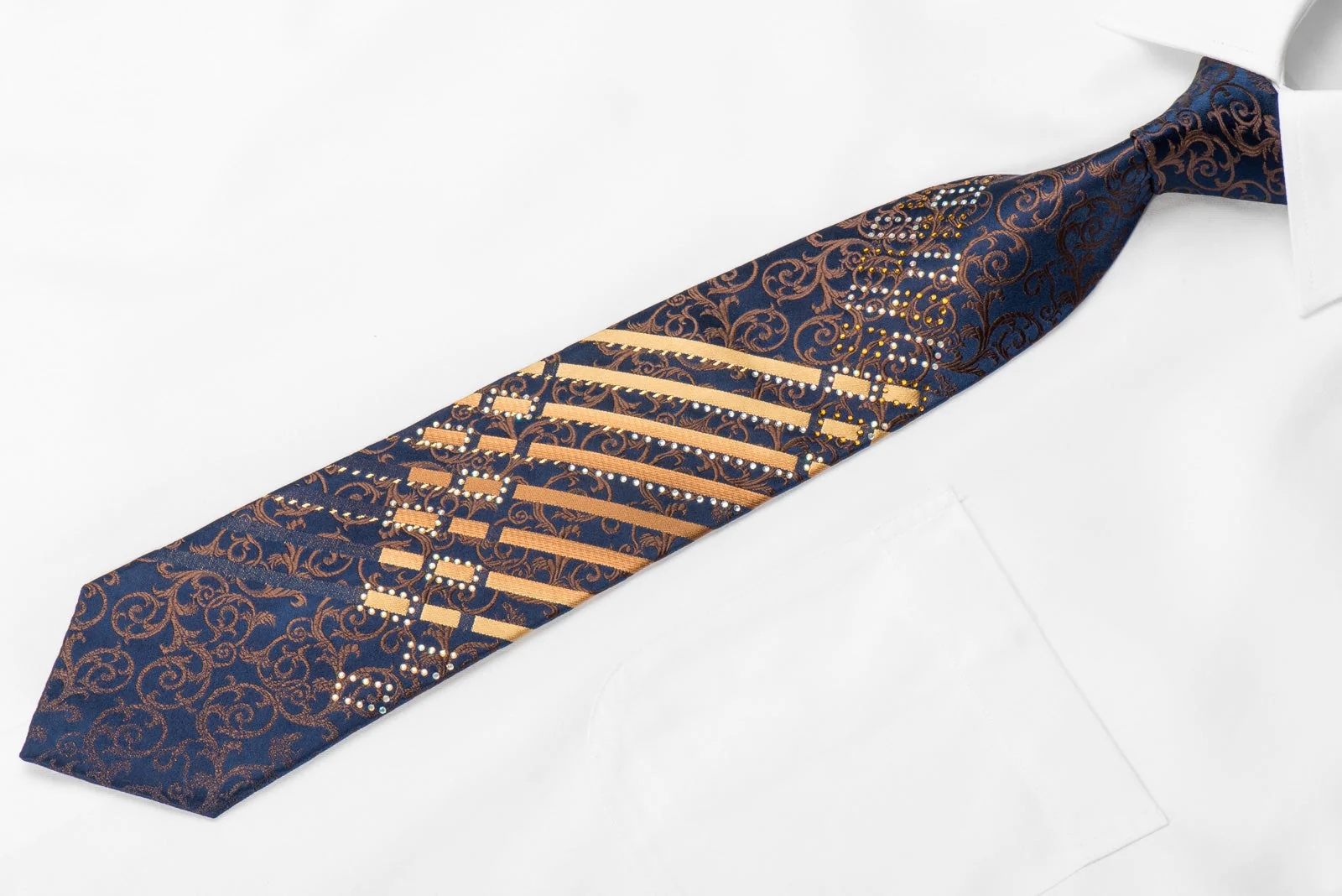 Perry Ellis Men's Crystal Silk Tie Brown Acanthus & Stripes On Navy With Gold Sparkles - Image 2
