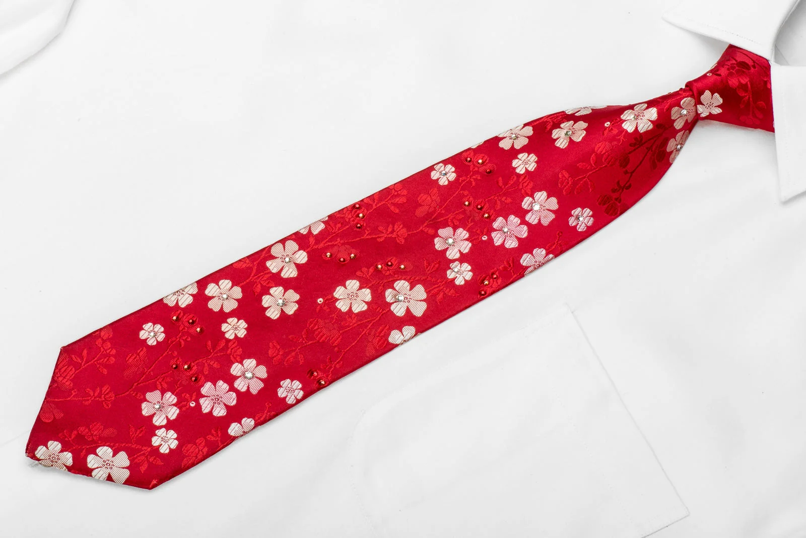 Perry Ellis Men's Crystal Silk Tie Floral On Red With Silver Sparkles - Image 2