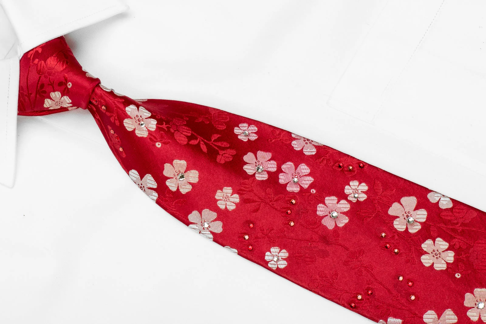 Perry Ellis Men's Crystal Silk Tie Floral On Red With Silver Sparkles - Image 3