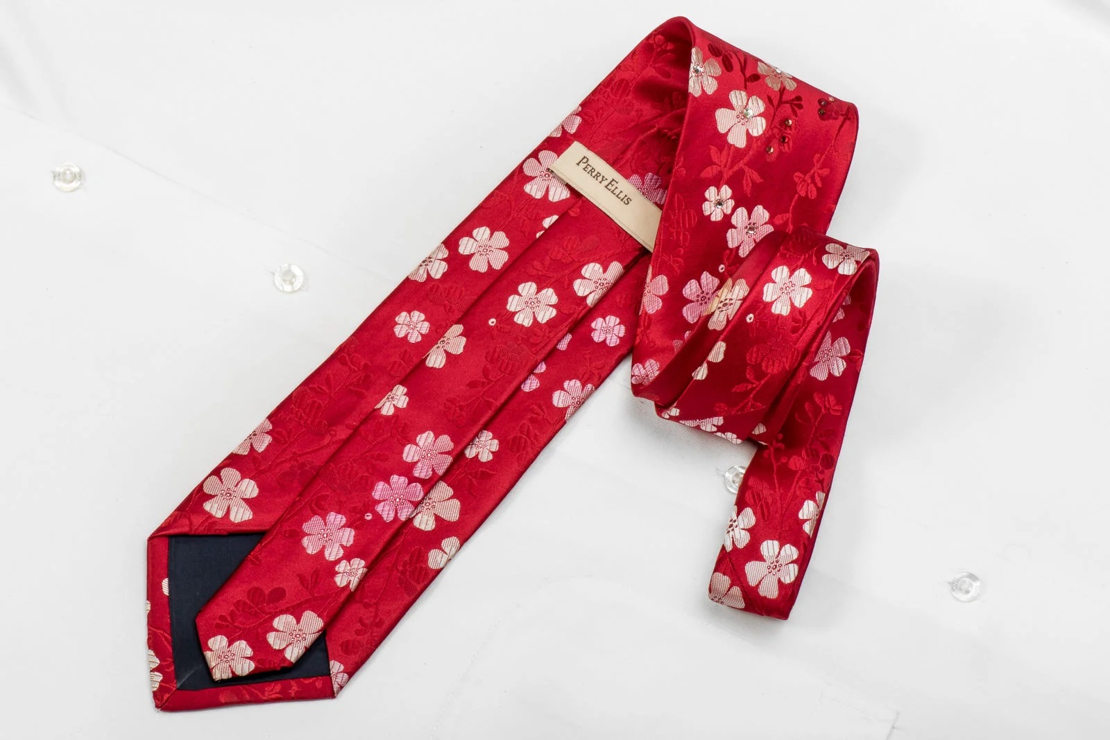 Perry Ellis Men's Crystal Silk Tie Floral On Red With Silver Sparkles - Image 4