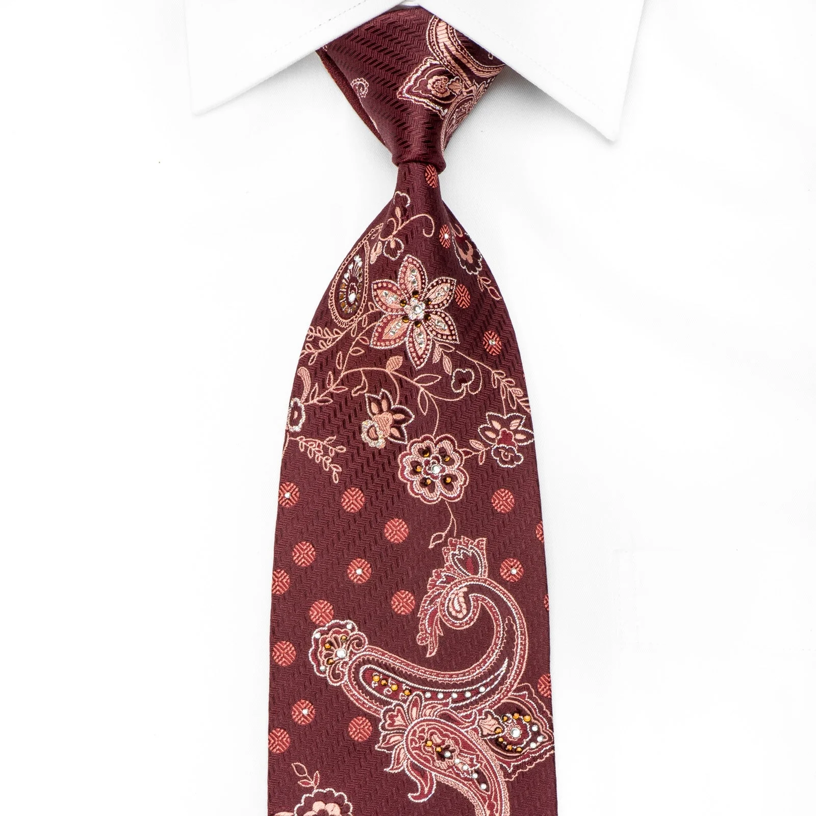 Perry Ellis Men's Crystal Silk Tie Paisley Anthemion On Burgundy With Silver Sparkles