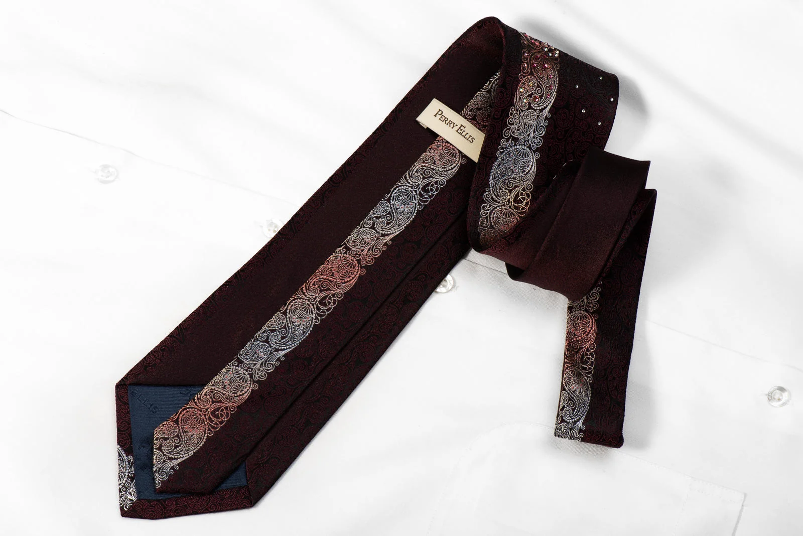 Perry Ellis Men's Crystal Silk Tie Silver Burgundy Paisley On Black With Silver Sparkles - Image 4