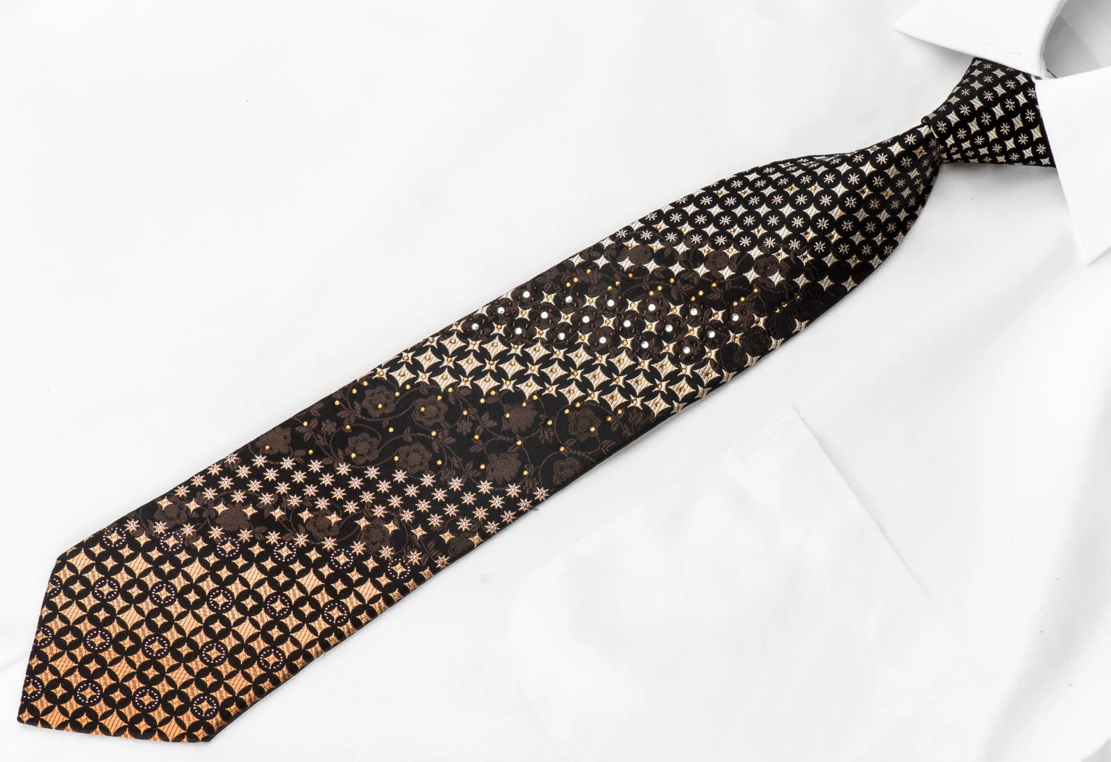 Perry Ellis Men's Rhinestone Necktie Gold Silver Geometric Brown Floral On Black With Silver Sparkles - Image 2