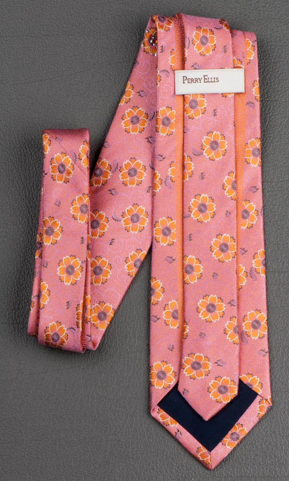 Perry Ellis Men's Rhinestone Silk Neck Tie Orange Floral Design On Salmon Pink - Image 3