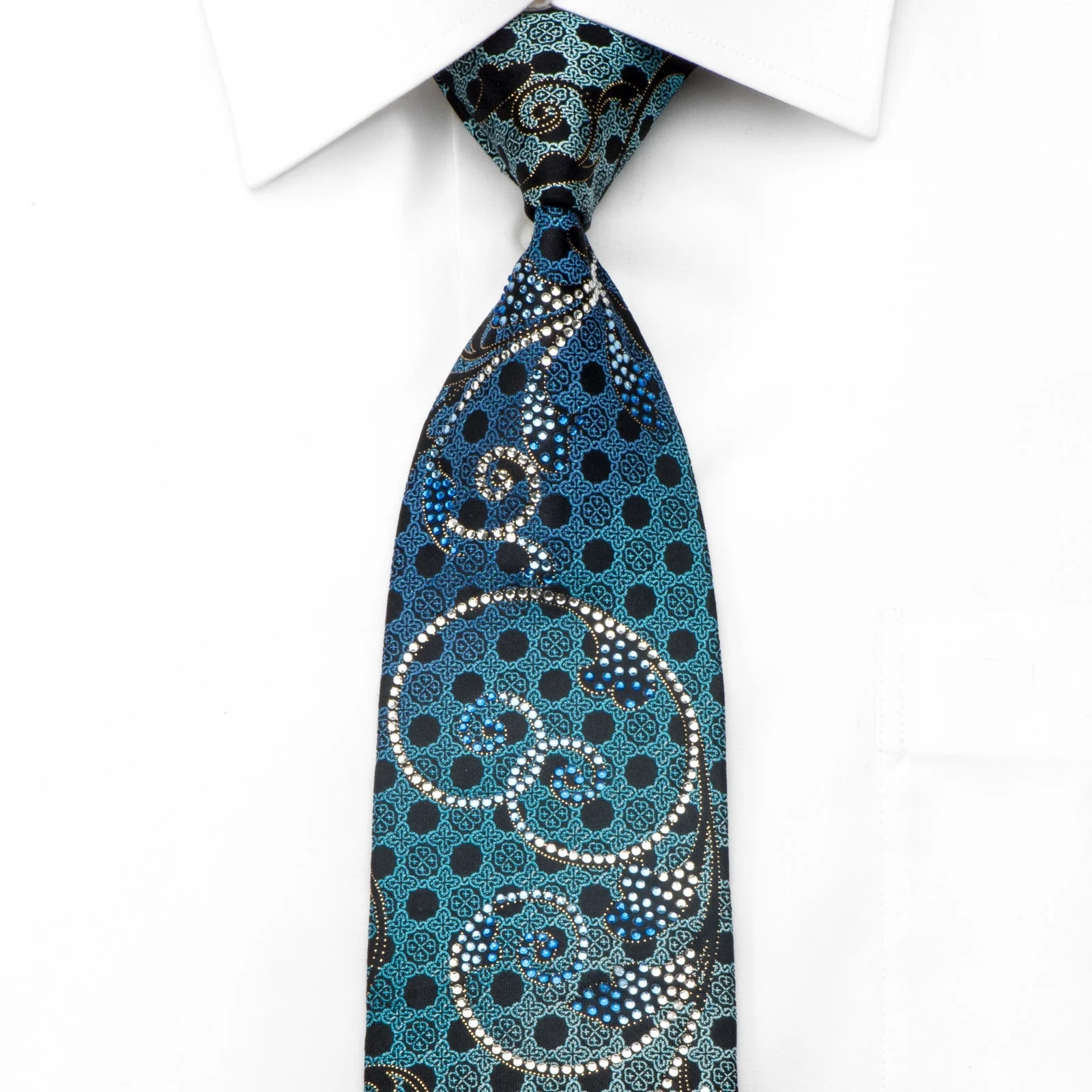 Perry Ellis Men's Rhinestone Silk Necktie Filigree Scrolls On Turquoise With Gold Sparkles