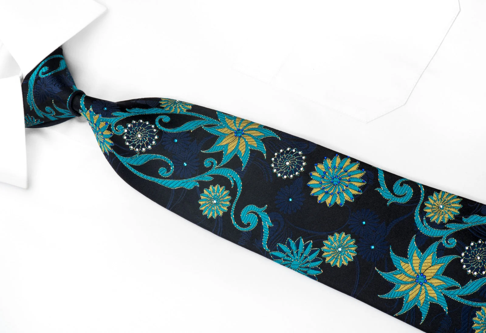 Perry Ellis Men's Rhinestone Silk Necktie Geometric Floral On Blue With Gold Sparkles - Image 2