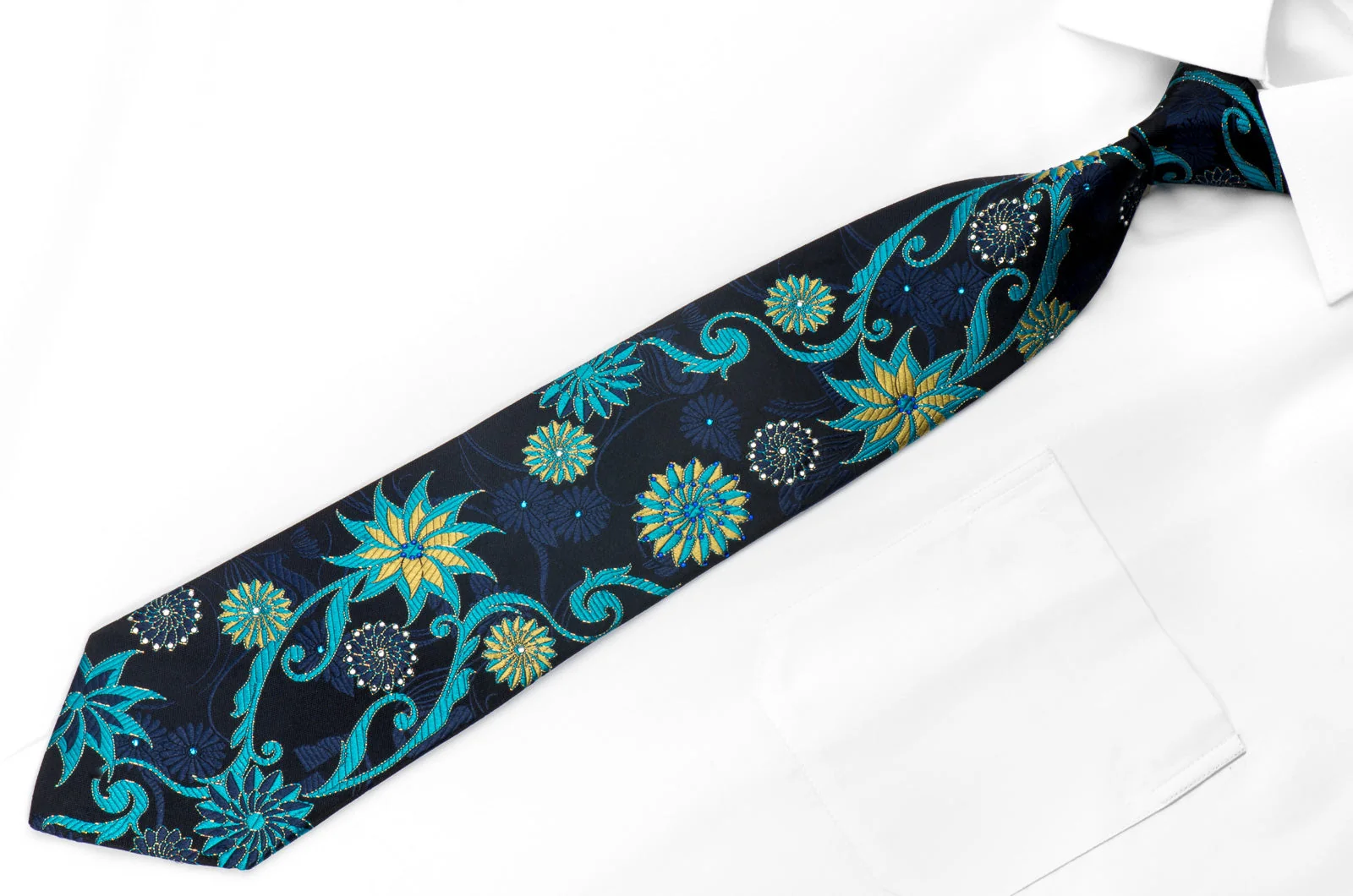 Perry Ellis Men's Rhinestone Silk Necktie Geometric Floral On Blue With Gold Sparkles - Image 3