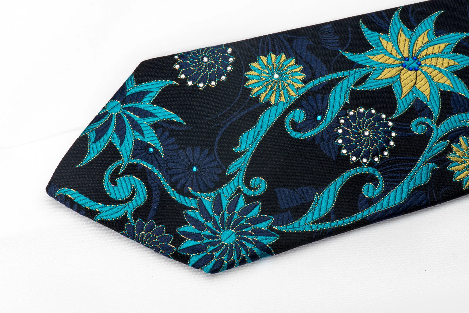 Perry Ellis Men's Rhinestone Silk Necktie Geometric Floral On Blue With Gold Sparkles - Image 4