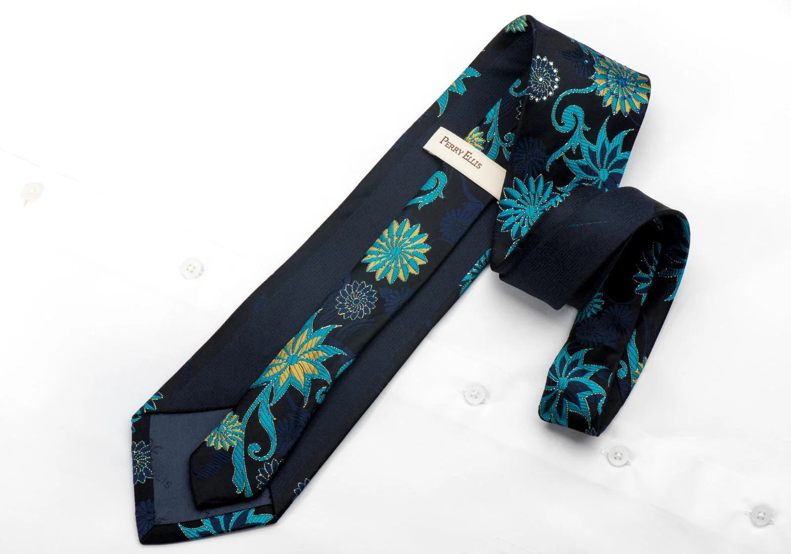 Perry Ellis Men's Rhinestone Silk Necktie Geometric Floral On Blue With Gold Sparkles - Image 5