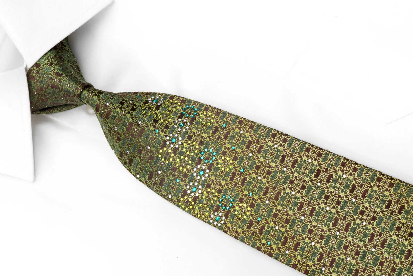 Perry Ellis Men's Rhinestone Silk Necktie Green Cartouche On Brown With Silver Sparkles - Image 2