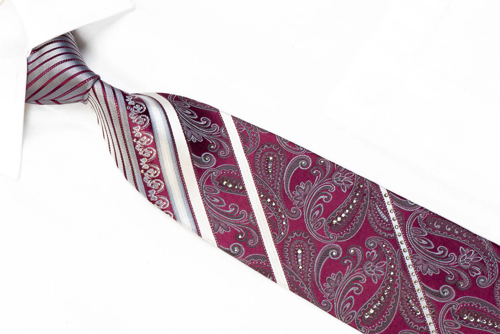 Perry Ellis Men's Rhinestone Silk Necktie Silver Paisley Striped On Purple With Sparkles - Image 2