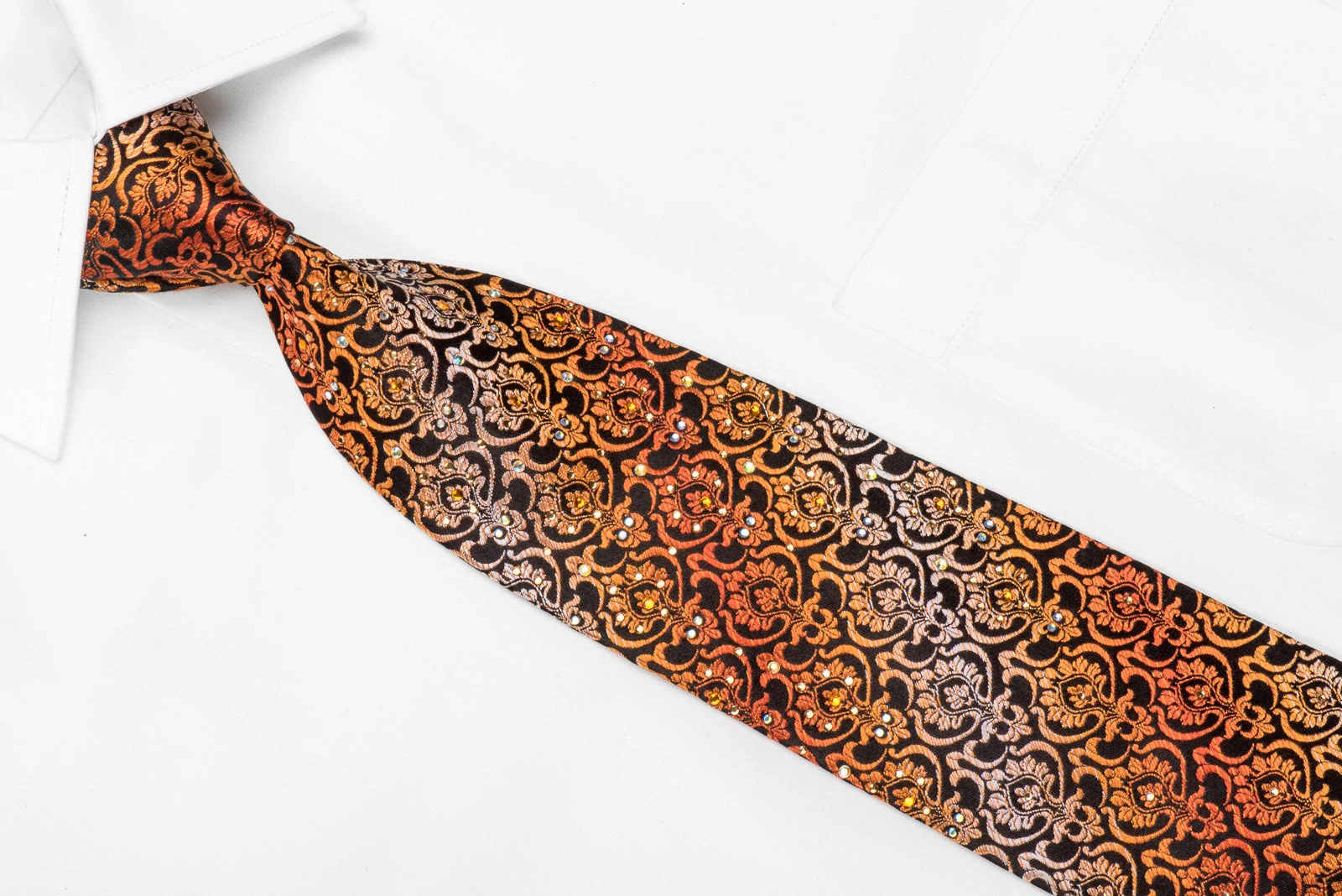 Perry Ellis Men's Silk Crystal Tie Orange Damask On Black - Image 3