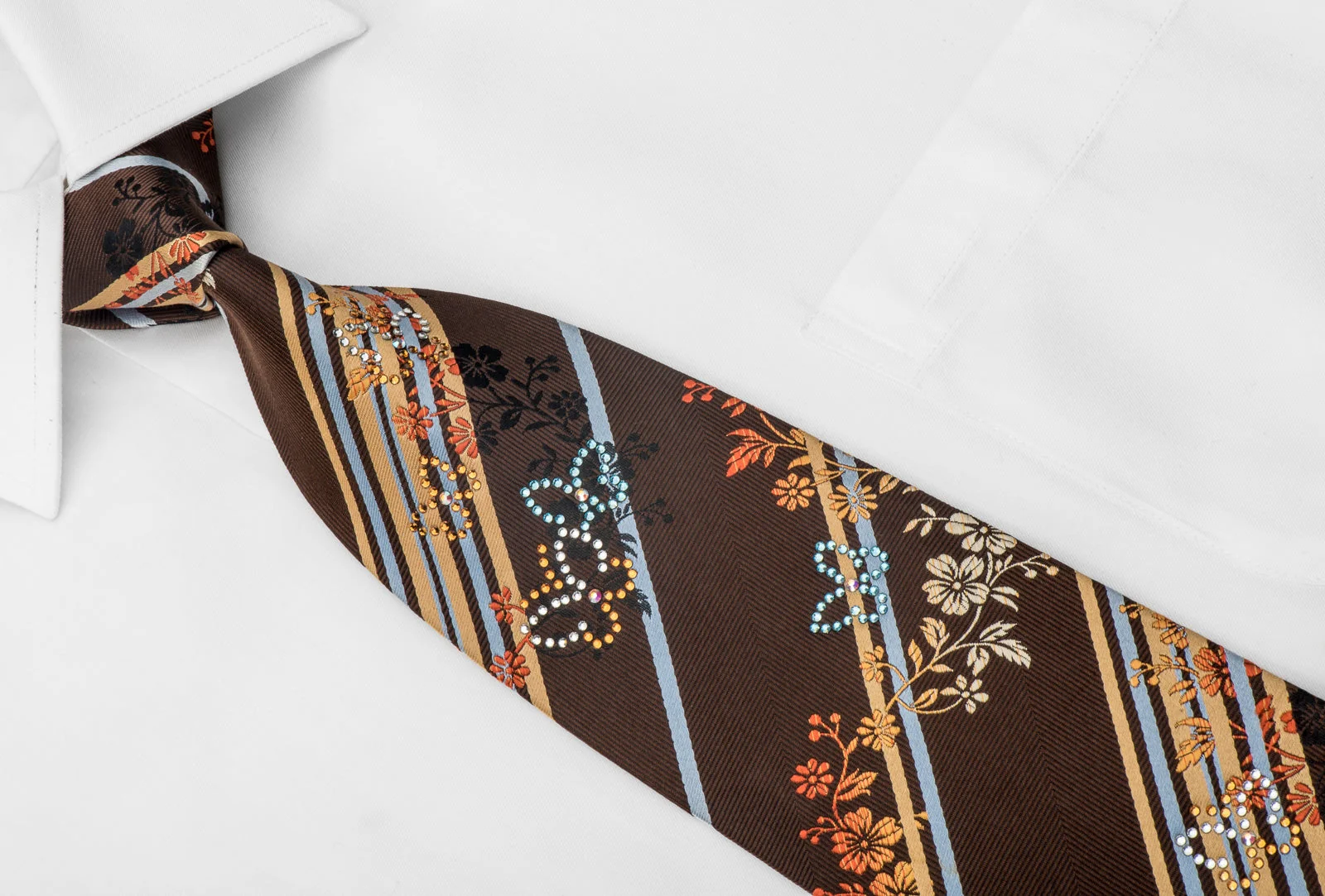 Perry Ellis Men's Silk Necktie Striped With Butterfly's On Brown Sparkling With Rhinestones - Image 2