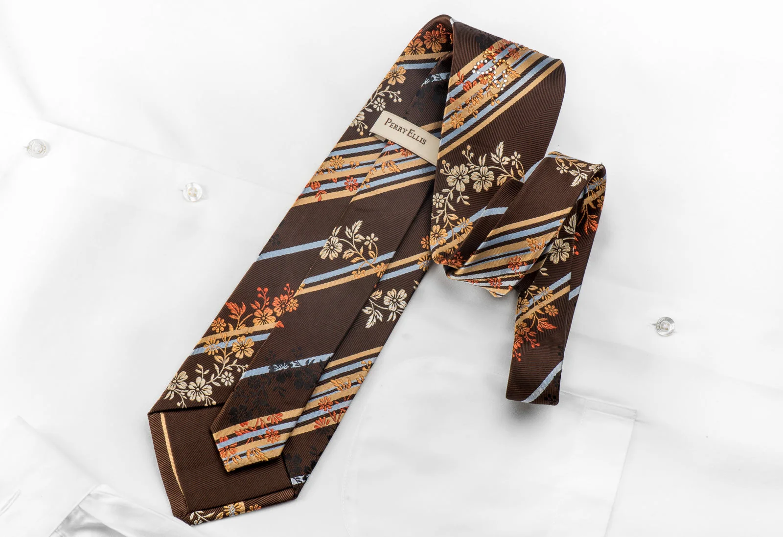 Perry Ellis Men's Silk Necktie Striped With Butterfly's On Brown Sparkling With Rhinestones - Image 4