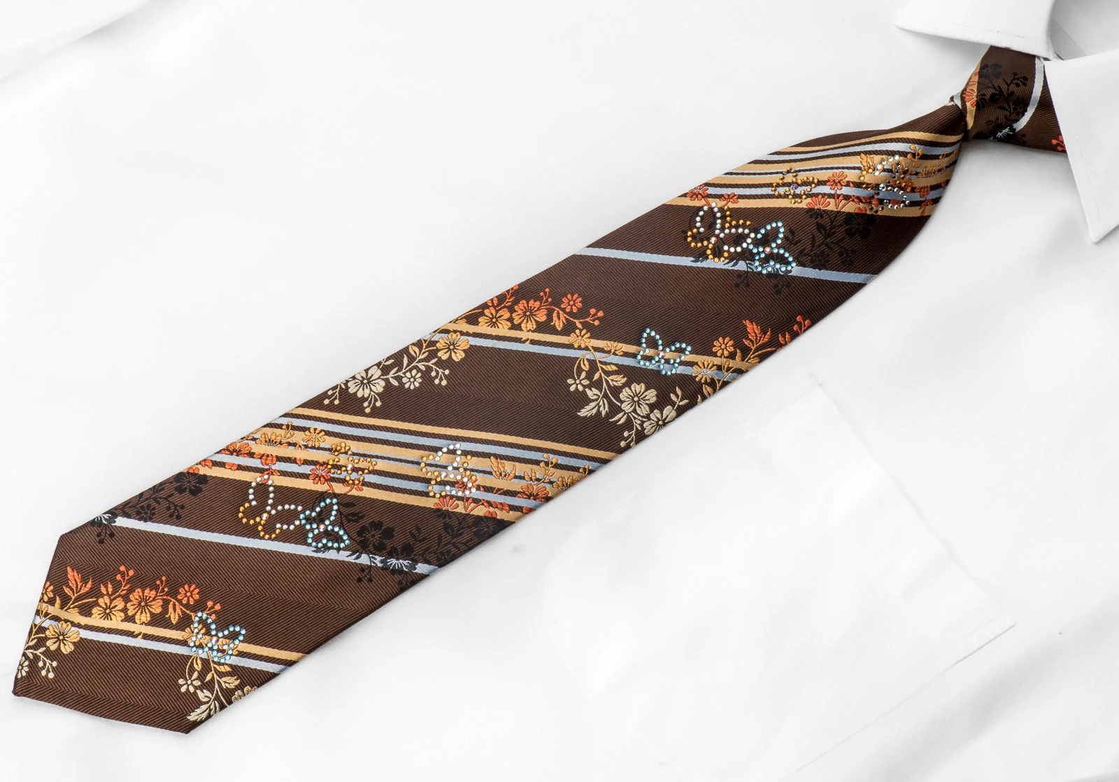 Perry Ellis Men's Silk Necktie Striped With Butterfly's On Brown Sparkling With Rhinestones - Image 5