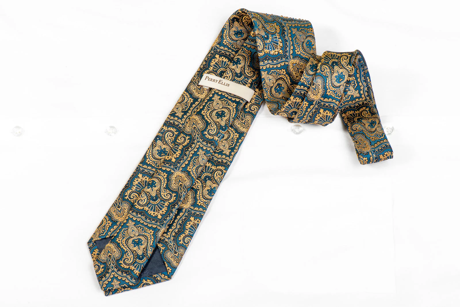Silk Rhinestone Necktie Gold Anthemion On Turquoise With Gold Sparkles - Image 5