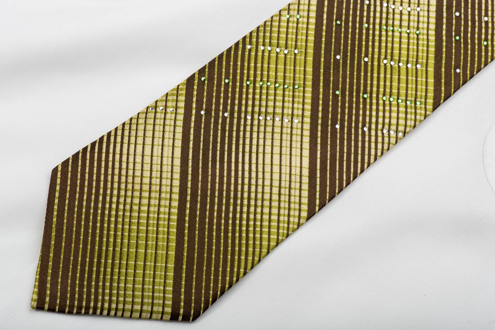 Perry Ellis Men's Silk Tie Green Stripes On Brown Sparkling With Rhinestones - Image 2