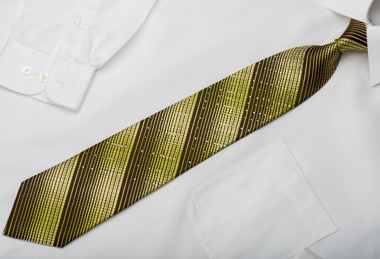 Perry Ellis Men's Silk Tie Green Stripes On Brown Sparkling With Rhinestones - Image 4
