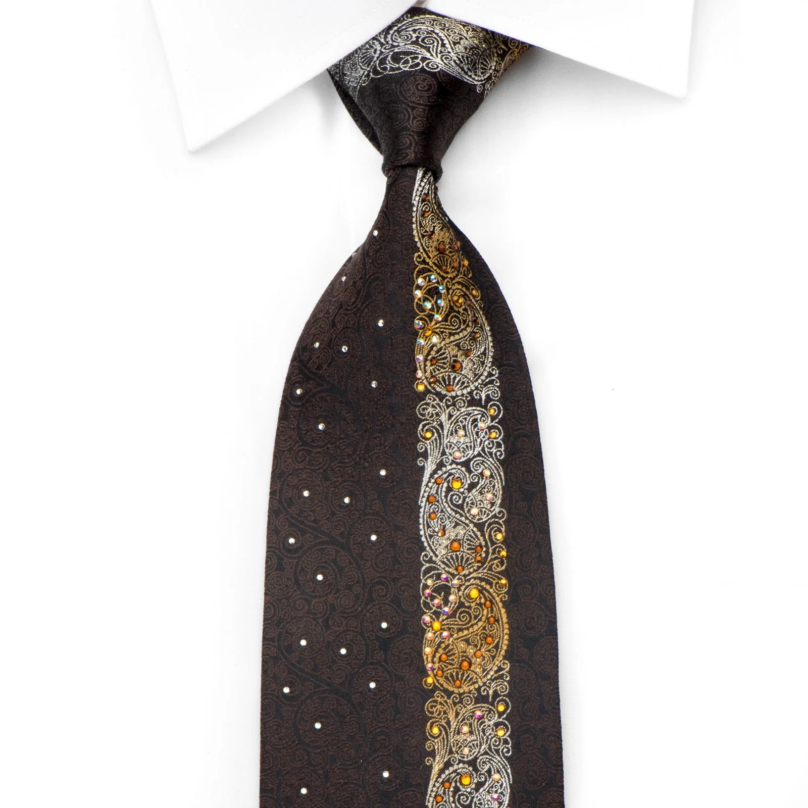 Perry Ellis Men's Silk Tie Orange Paisley Brown Filigree On Black Sparkling With Rhinestones