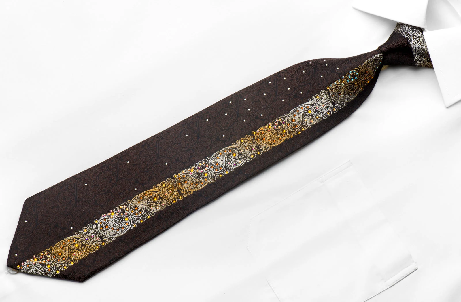 Perry Ellis Men's Silk Tie Orange Paisley Brown Filigree On Black Sparkling With Rhinestones - Image 2