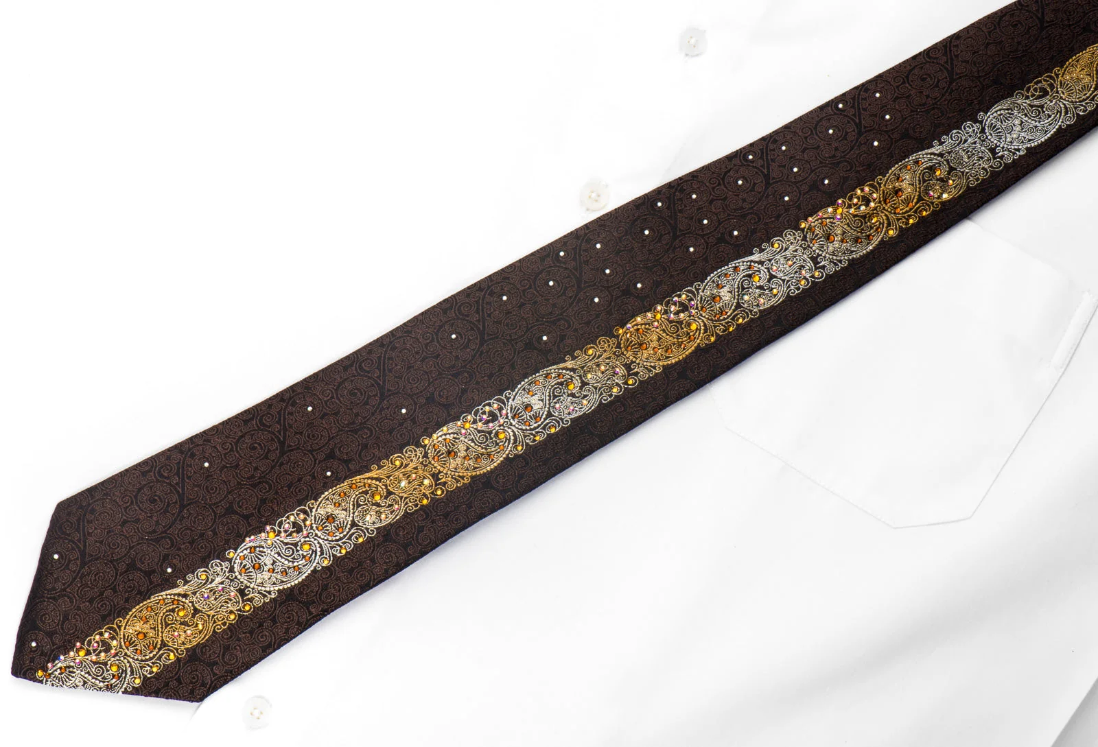 Perry Ellis Men's Silk Tie Orange Paisley Brown Filigree On Black Sparkling With Rhinestones - Image 4