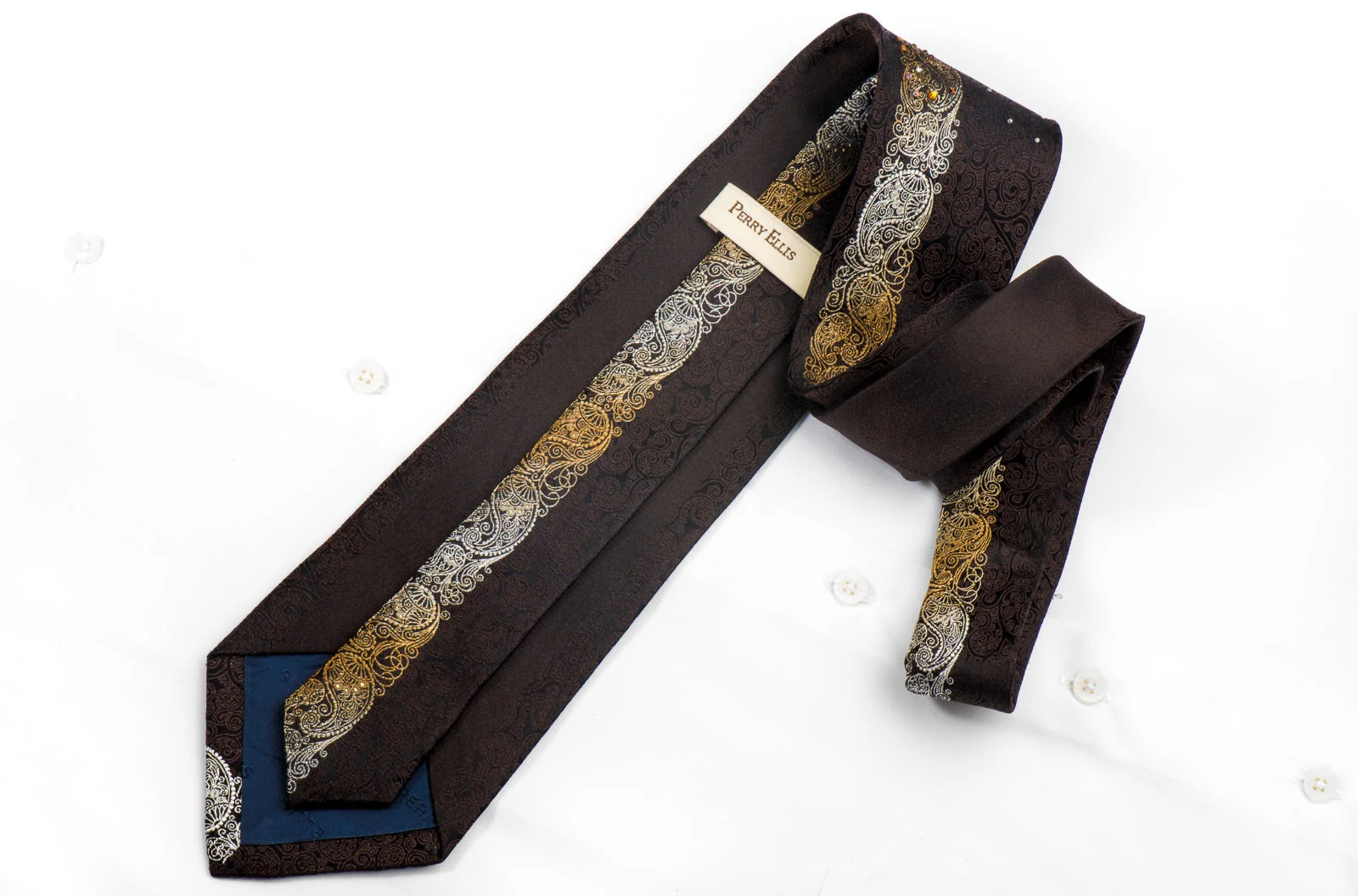 Perry Ellis Men's Silk Tie Orange Paisley Brown Filigree On Black Sparkling With Rhinestones - Image 5