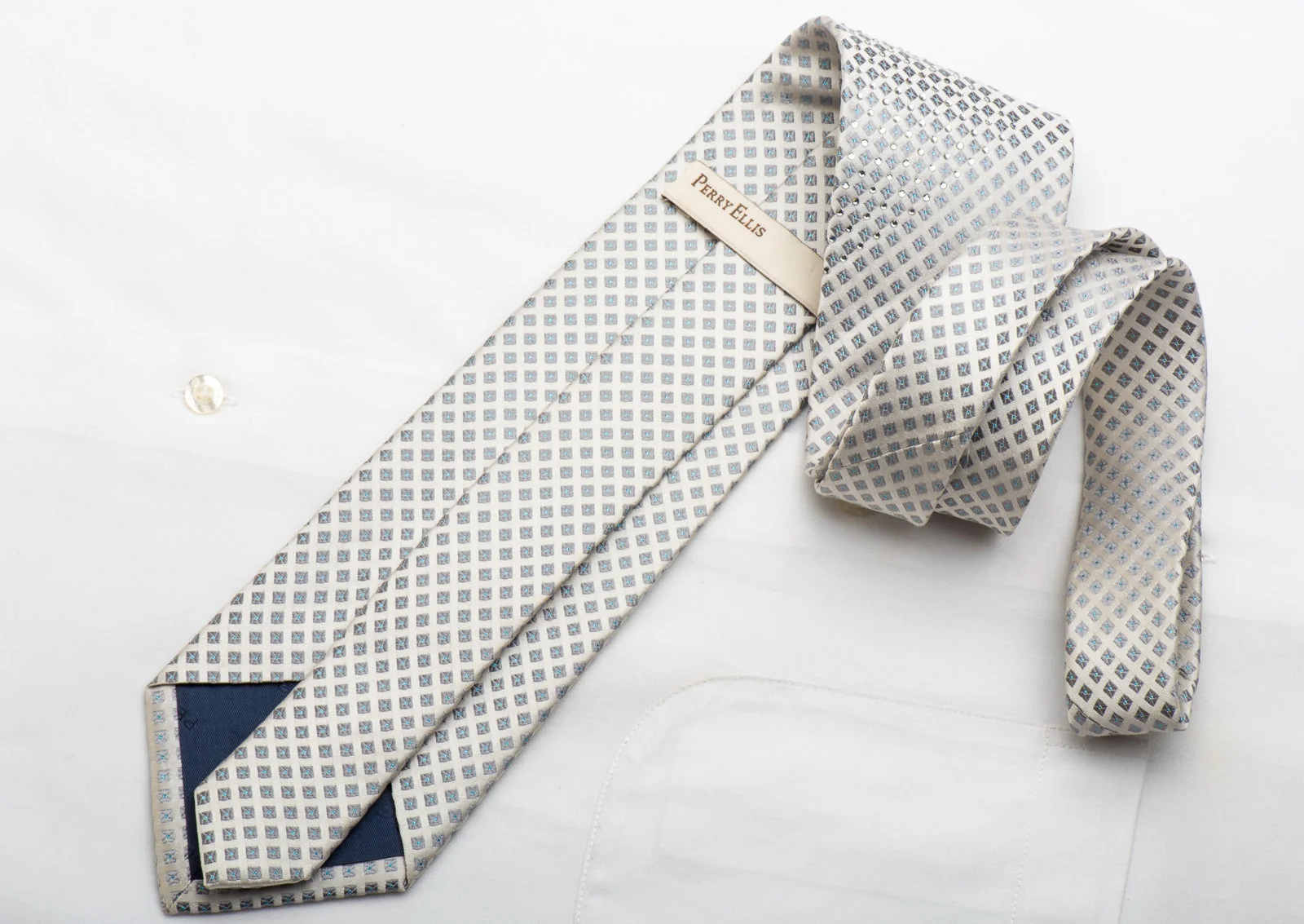 Perry Ellis Men's Silk Tie Squares On Silver With Crystal Rhinestones - Image 5