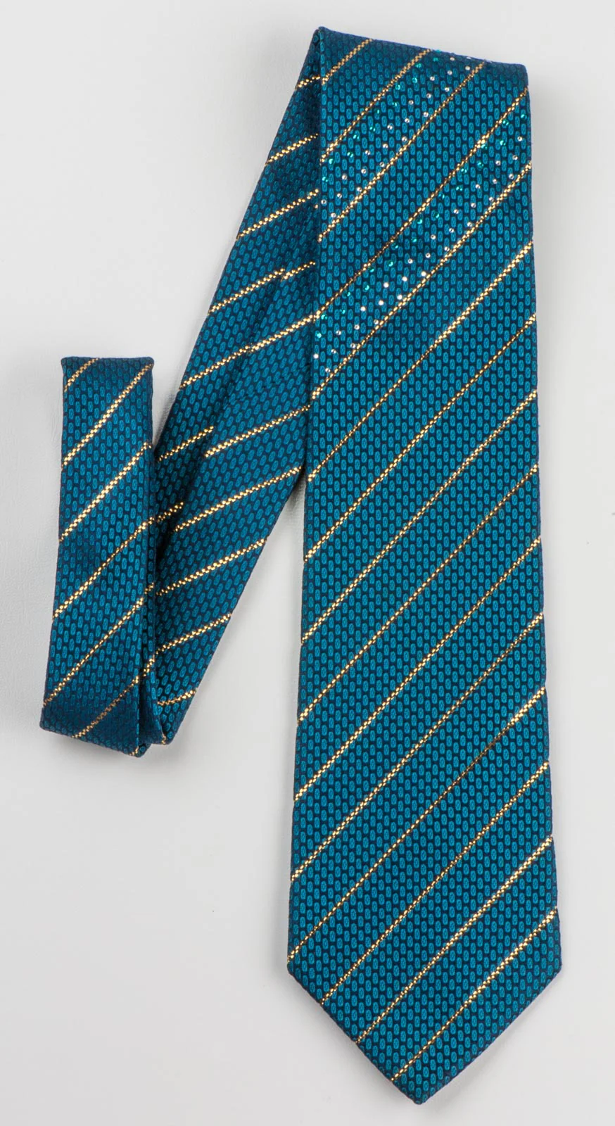 Perry Ellis Men's Woven Silk Rhinestone Tie Metallic Golden Stripes On Turquoise Necktie - Image 4