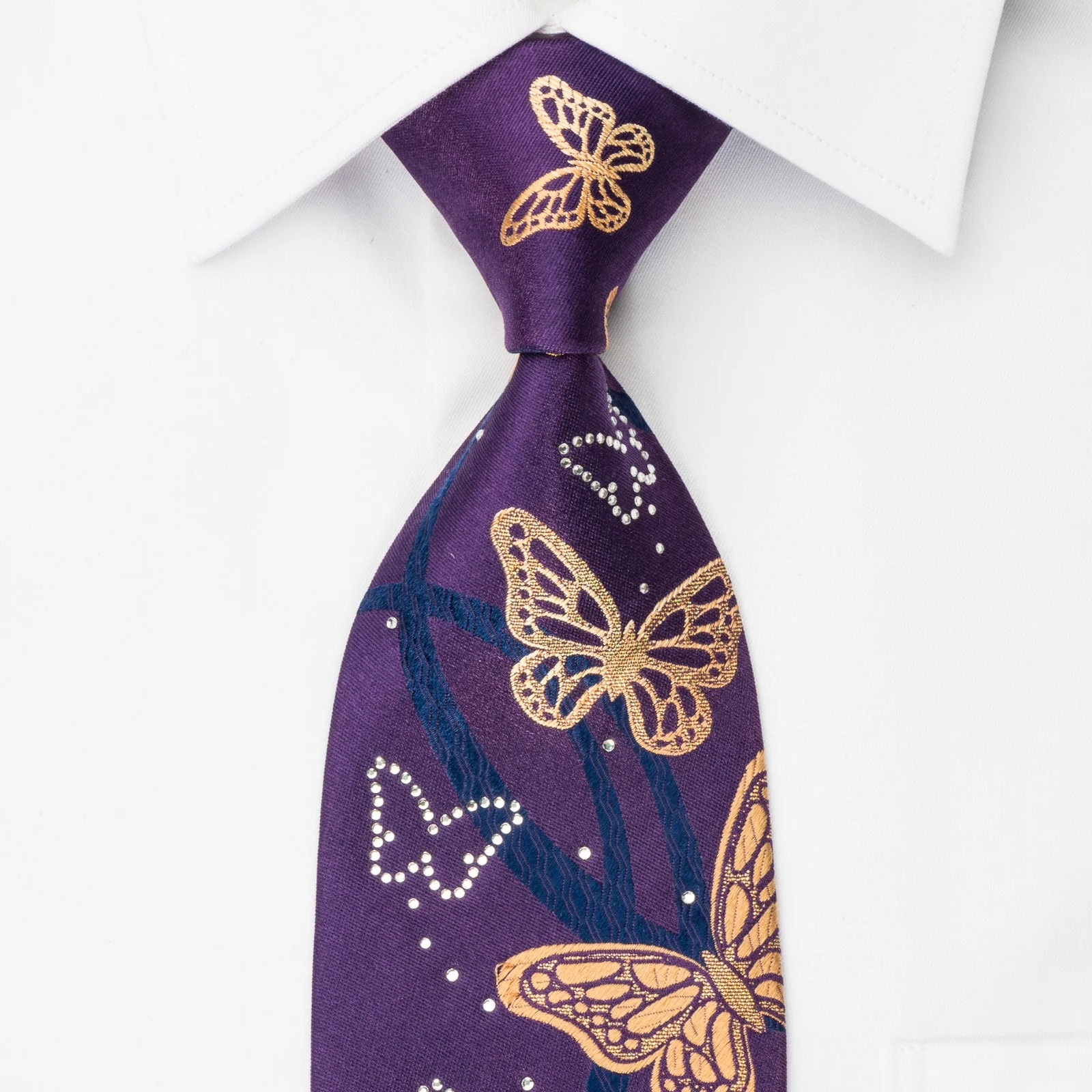 Perry Ellis Rhinestone Necktie Golden Butterflies On Purple With Golden Sparkles