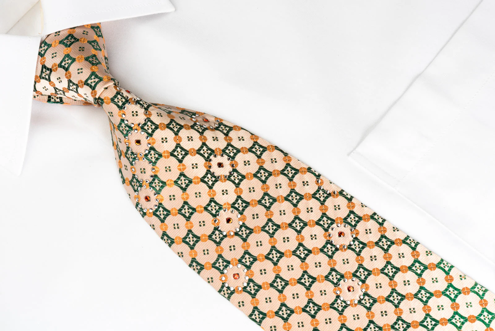 Perry Ellis Rhinestone Necktie Green Checker Foulard On Peach With Silver Sparkles - Image 5