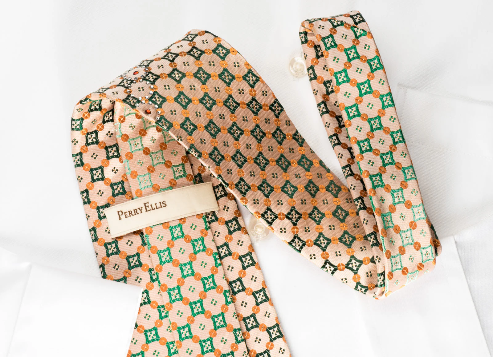 Perry Ellis Rhinestone Necktie Green Checker Foulard On Peach With Silver Sparkles - Image 7