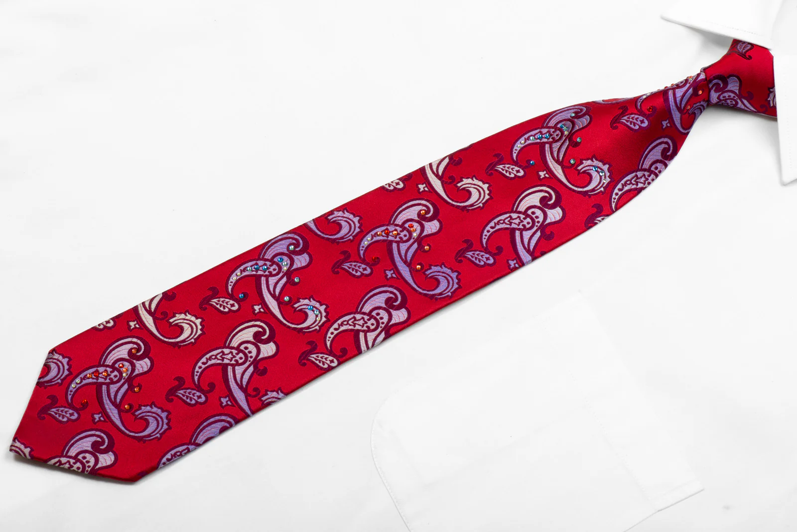 Rhinestone Necktie Mauve Paisley On Red Silk - Image 3