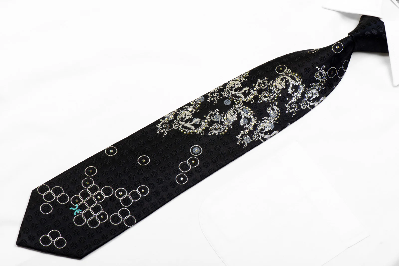Silver Acanthus Scrolls On Black Rhinestone Necktie With Sparkles - Image 3