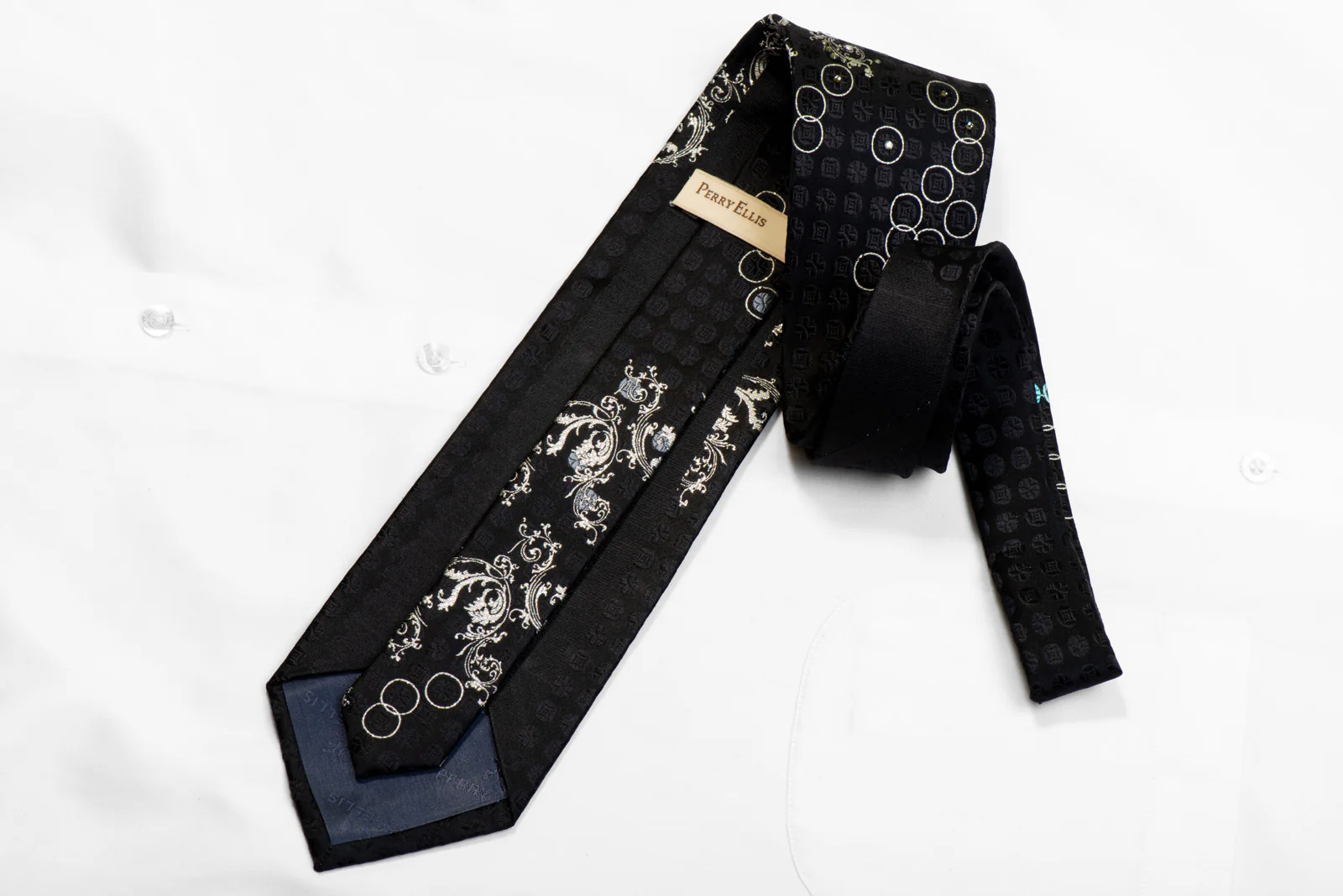 Silver Acanthus Scrolls On Black Rhinestone Necktie With Sparkles - Image 4
