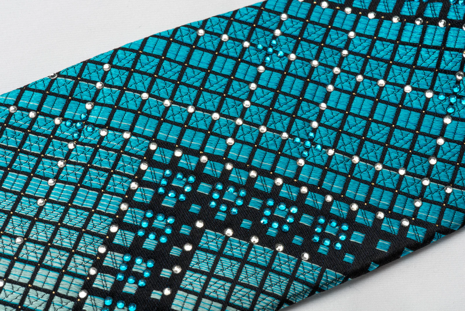 Perry Ellis Rhinestone Necktie Turquoise Geometric Checker On Black With Silver Sparkles - Image 4