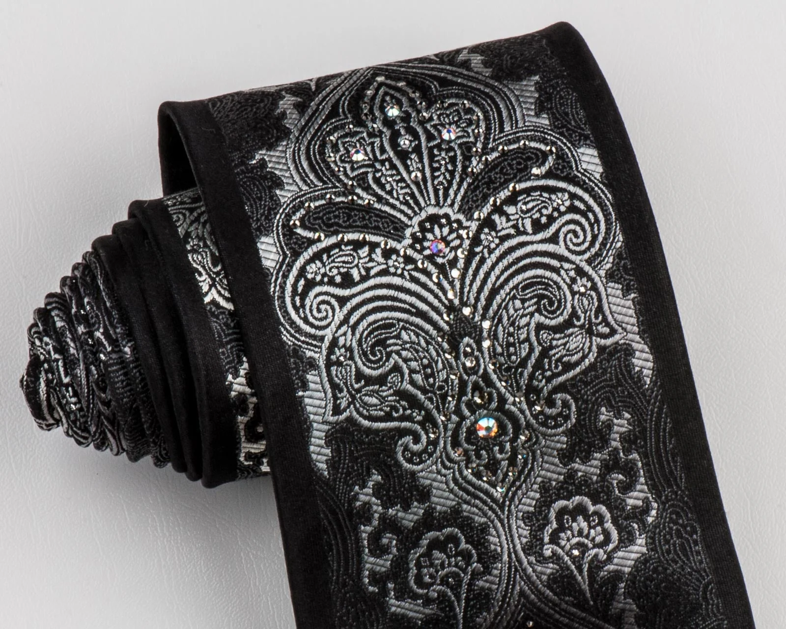 Perry Ellis Rhinestone Silk Neck Tie Silver Damask On Black With Mirrors Classic 3 1/2 Inch - Image 2