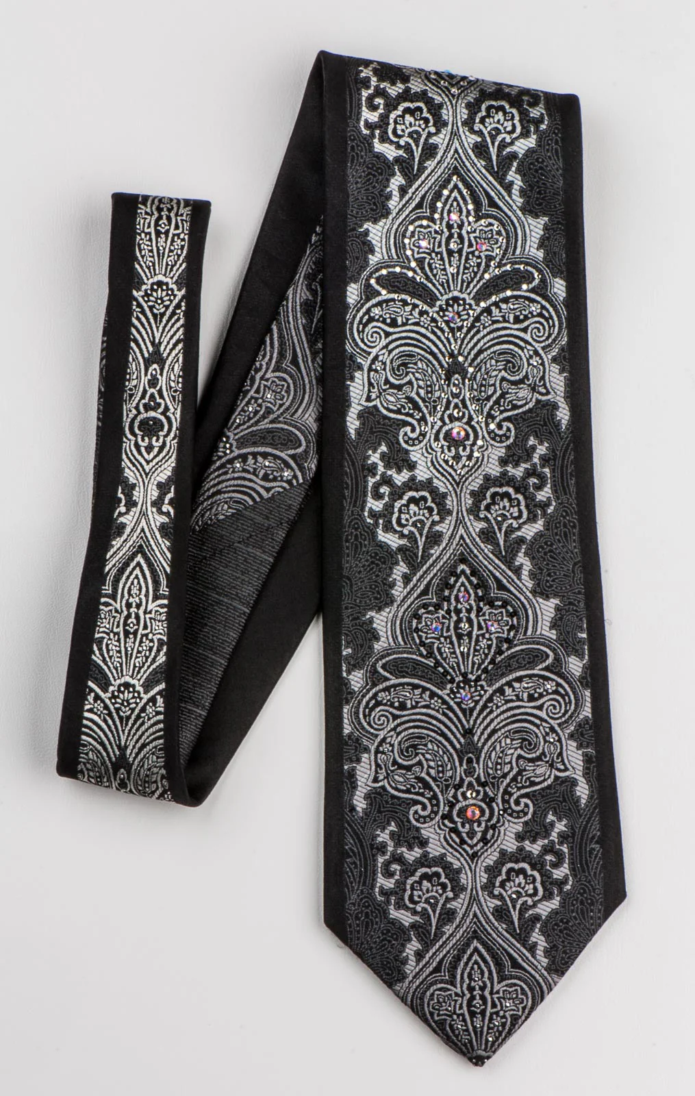 Perry Ellis Rhinestone Silk Neck Tie Silver Damask On Black With Mirrors Classic 3 1/2 Inch - Image 8