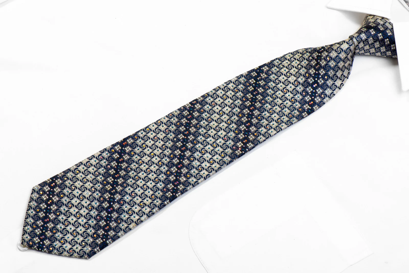 Perry Ellis Rhinestone Silk Necktie Blue Geometric On Silver With Sparkles - Image 3