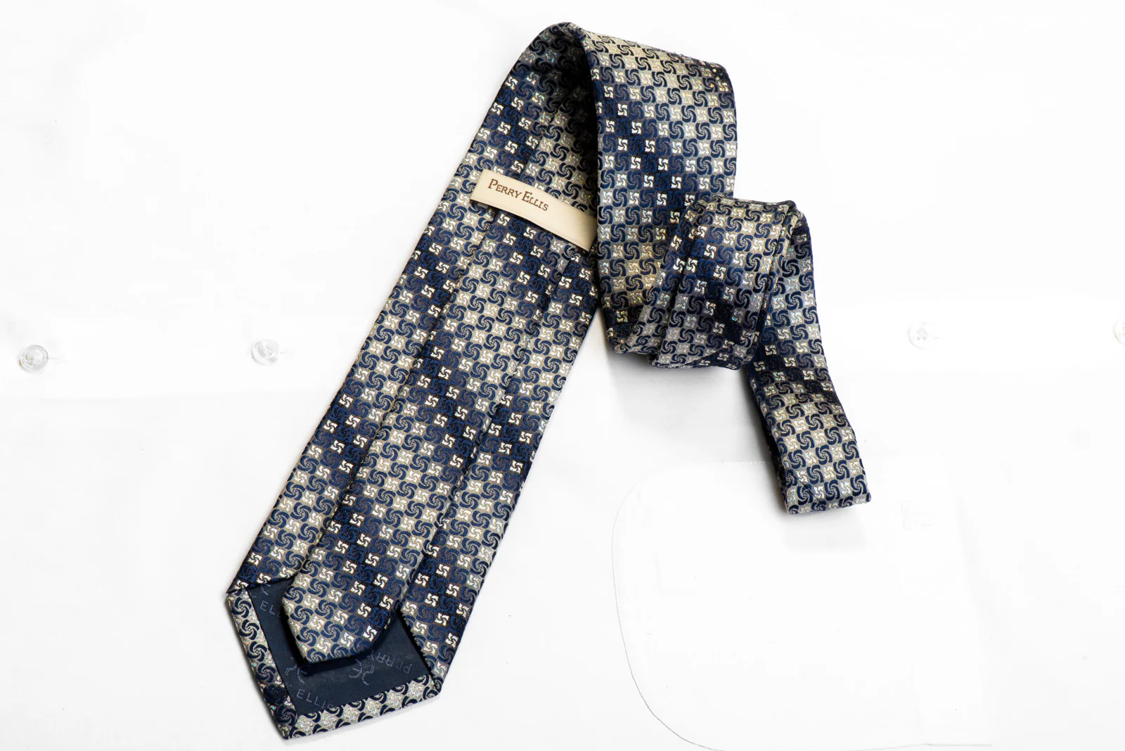 Perry Ellis Rhinestone Silk Necktie Blue Geometric On Silver With Sparkles - Image 5