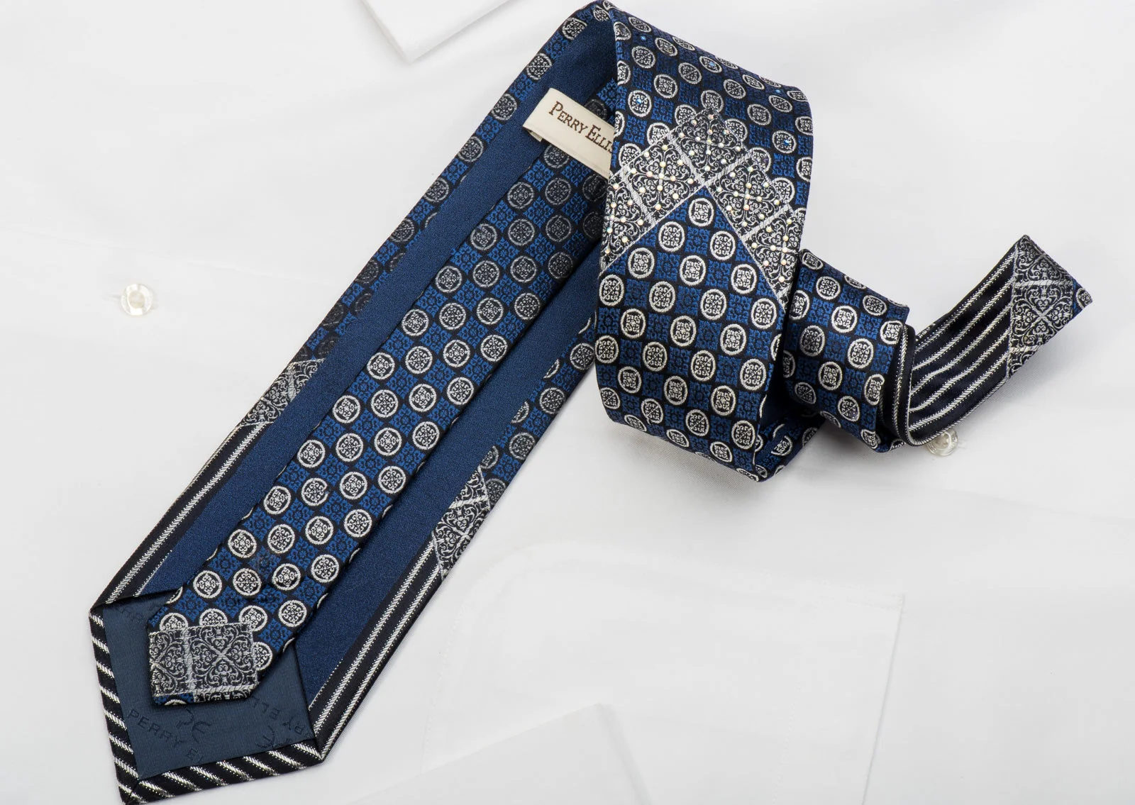 Perry Ellis Rhinestone Silk Necktie Blue Silver Cartouche On Black With Silver Sparkles - Image 6